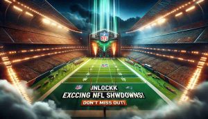 Generate a high-definition, realistic image showcasing a thrilling setting for National Football League showdowns. Include elements such as a stadium packed with excitement, an overhead view of the green football field marked with yard lines, a brightly illuminated scoreboard showcasing intense competition, and the sense of anticipation in the air. Add a banner in the foreground with the text: 'Unlock Exciting Bets for NFL Showdowns! Don’t Miss Out!'