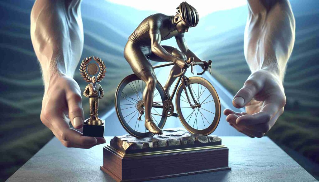 High-definition, realistic image of a dedicated professional cyclist, renowned for his achievements, as he receives a prestigious award. The scene captures his journey of victory and challenges, reflecting his stellar career in the sport of cycling.