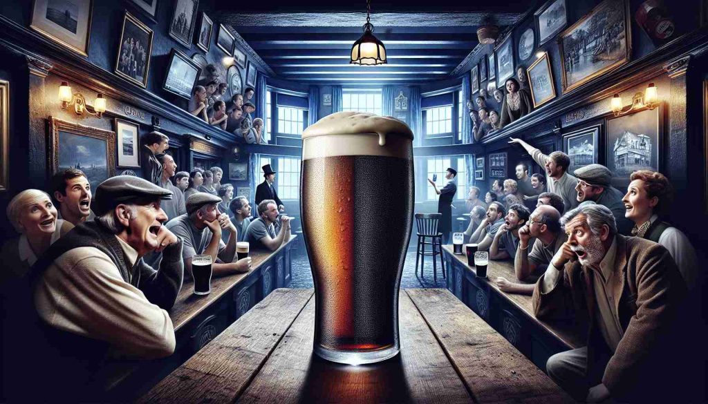 A striking, high-definition image featuring a scene at a traditional pub. Central to the scene is a half-full pint of stout, possibly signifying a drink losing its appeal. The pub is filled with curious customers, showing mixed reactions from surprise, excitement, to dismay. On the background, the barman is poised to reveal an unseen event, building anticipation for what's happening next.