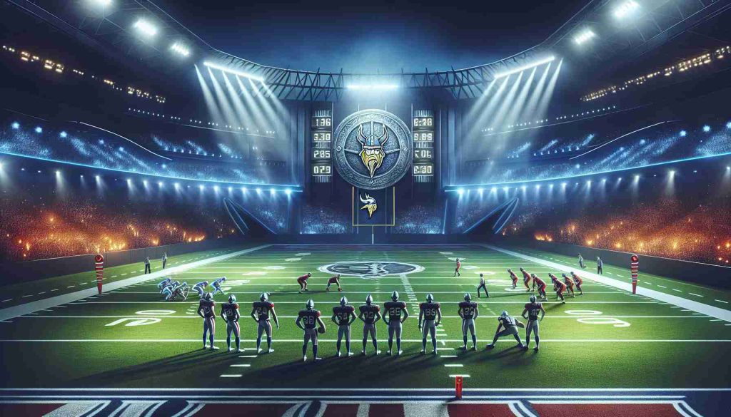 A striking scene showing a realistic, high-definition image of a Viking-themed football stadium in the midst of a game. Emphasize the absence of a key defender, preferably through a vacant position on the field. Showcase the tension among the team members under the stadium lights, hinting at the question of who will step up to fill the void. Include the colors and symbols associated with Viking mythology. Also include a large scoreboard in the backdrop, with the game's current statistics showing the urgency of the situation.