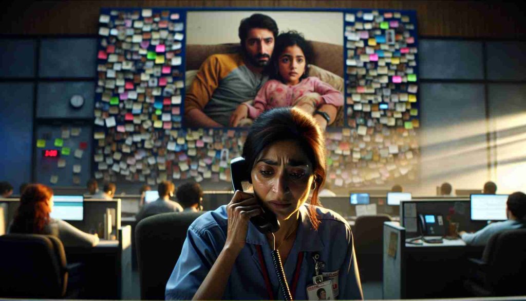 High definition, realistic image. Scene depicts a lifeline operator, a South Asian woman, situated inside a call center. She is focused, intently listening to a phone call. On her face, a sympathetic expression illustrates the gravity of the situation. In the background, an inspiration wall stands, filled with notes and tokens symbolic of hope. At the center is a large photo of a family, a Middle Eastern mother, her two kids, and their father - a beacon of courage resulting from past tragedy. The scene radiates the lifeline's dedication to saving lives.