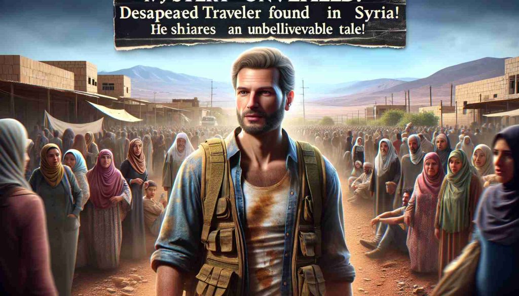 Realistic high-definition image depicting a dramatic scene of unveiling a mystery. It portrays a Caucasian man probably in his late 30s, found in Syria, with a combination of relief and harrowed expression on his face. He's wearing worn-out, dust-covered clothes resembling a common western outfit currently worn in Syria. The background depicts a barren Syrian landscape with a bustling crowd of diverse ethnicities showing varied reactions to the man's presence. The title 'Mystery Unveiled: Disappeared Traveler Found in Syria! He shares an unbelievable tale!' is displayed prominently at the top.