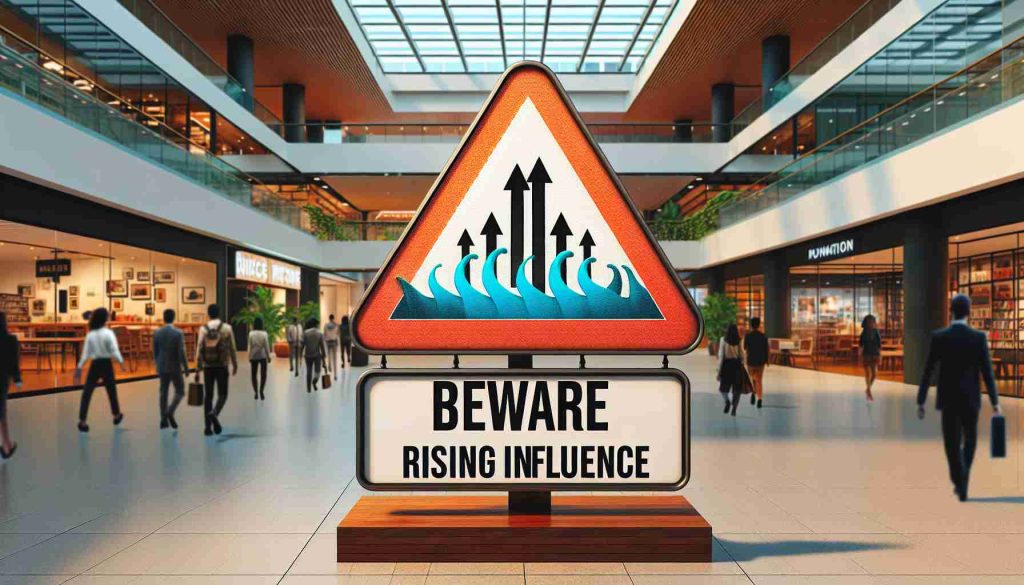 Create a high-definition realistic image showing a large warning sign with the text 'Beware of Rising Influence', placed in a public setting. Add a symbolic representation of a rising tide to visualize the concept of rising influence.