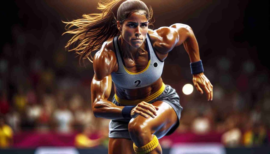 High definition realistic image of an unparalleled force in a game. Female athlete named 'Piera Rodriguez', demonstrating her dominance at a sporting event in Tampa. She is seen mid-action, emanating strength and agility. Focus on details such as her determined expression, sweat trickling down her forehead, muscles contracting in exertion, and her sporty attire billowing with her swift movements.