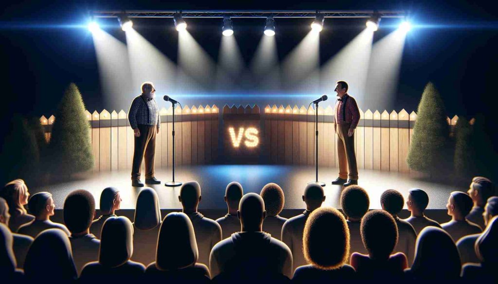 Realistic high-definition image depicting an exciting comedic battle! It's a unique scenario where neighbors have turned into rivals for a television showdown. See them standing at opposite ends of a stage, under bright spotlights, with mics in hands. The audience is visibly excited, awaiting the unpredictable humor-filled verbal exchanges. Physical attributes of the competitors aren't clear, allowing room for imagination.