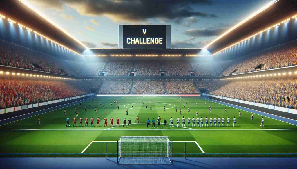 High-definition, realistic image of a football match scenario setting for a tough challenge. The scene is set in a vibrant, fully-packed stadium with two football teams tactically assembled on the field, ready for the imminent clash. The atmosphere is tense, indicating a historical rivalry between the two teams. The skies are slightly cloudy, the floodlights from the stadium creating beautiful contrast. On the electronic scoreboard, the word 'Challenge' flashes, symbolizing the tough competition ahead.