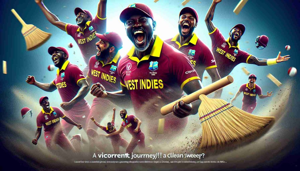 A detailed and realistic high-definition image capturing the exuberant feeling of a triumphant West Indies cricket team on their journey towards victory. The team members, an inclusive mix of Black and South Asian male players, are depicted in their vibrant uniforms, ecstatic expressions characterizing their faces. The image also includes a visual metaphor of a broom, signifying the term 'clean sweep'. A large text headline reads: 'A Victorious Journey! Can They Make It a Clean Sweep?'