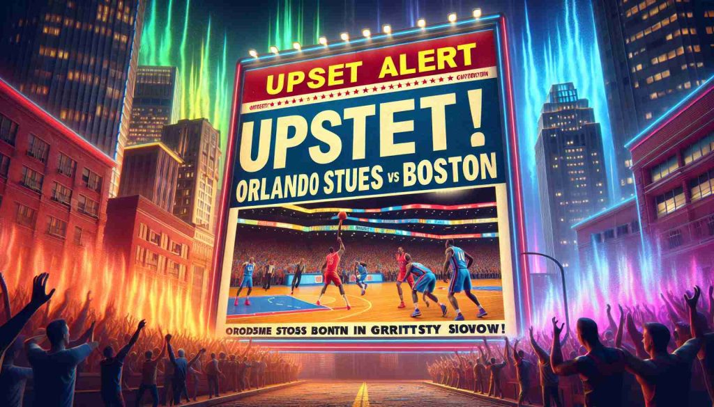 A realistic high-definition image of a sensational sports headline that reads 'Upset Alert! Orlando Stuns Boston in Gritty Showdown!'. This scene should carry the intensity of a major sports upset, with vibrant colors emphasising the excitement.