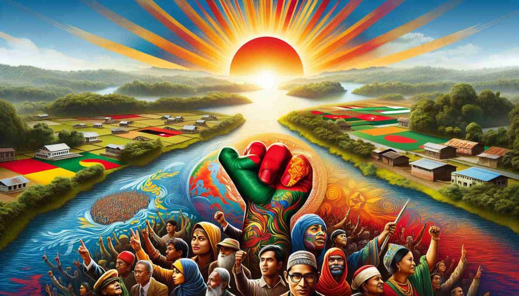 Detailed, high-definition photograph featuring the symbolic representation of exciting transformation within Bangladesh. The image includes a rising sun symbolizing hope and victory over the horizon of a picturesque Bangladeshi landscape, with inspired faces of Bengali citizens, both male and female of various descents such as Bengali, Chakma, Mro and Marma looking towards the promising future.