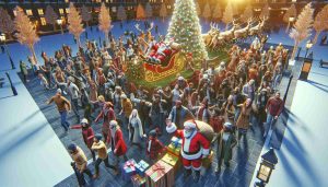 A high-definition, realistic visual representation of an engaging holiday scene, unfolding at a popular city park. Highlight the mystery and enchantment of Santa's story being revealed. Depict a variety of gleeful people from all descents, including females and males of Black, Hispanic, Middle-Eastern, South Asian, and Caucasian ethnicity, involved in festive activities. Use elements such as holiday lights, Christmas decorations, Santa's sleigh, and wrapped surprises to create the magical atmosphere around the park.