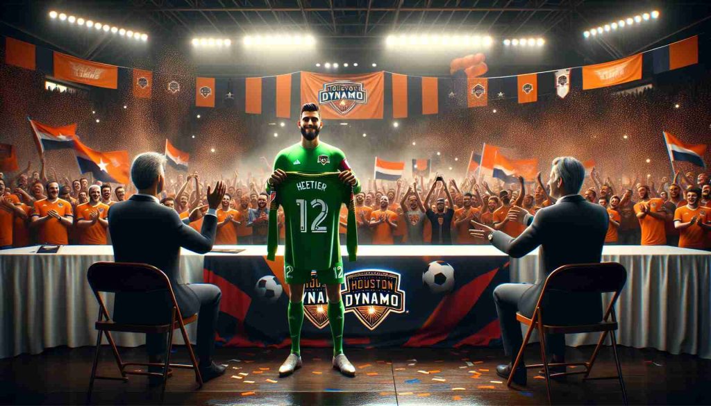 High-definition realistic image of a significant event in a soccer club's history. The scene depicts the Houston Dynamo FC unveiling their new signing, a gifted goalkeeper. The atmosphere is electric with anticipation, as fans celebrate. The environment is characterized by vibrant colors of the club's jersey, banners and confetti in the background. The star of the moment, the goalkeeper, is proudly holding up a jersey with his name and number, flanked by the team's coach and manager. Note, the characters in this image are anonymous and do not represent any real individuals.