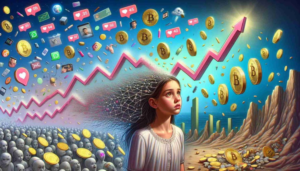 An in-depth visual representation of the journey from viral fame to crypto infamy symbolized by a young girl. The first half of the image showcases the rapid ascent to digital popularity, complete with numerous social media icons and likes flying above her head. Coins are also depicted to represent crypto, with large upwards arrows showing growth. The second half portrays the fall into infamy, with the stock market-like graph plummeting towards the ground. Coins are seen melting or breaking to demonstrate the downfall of the girl's crypto venture. The entire image is to be presented in a high-definition, realistic digital art style.