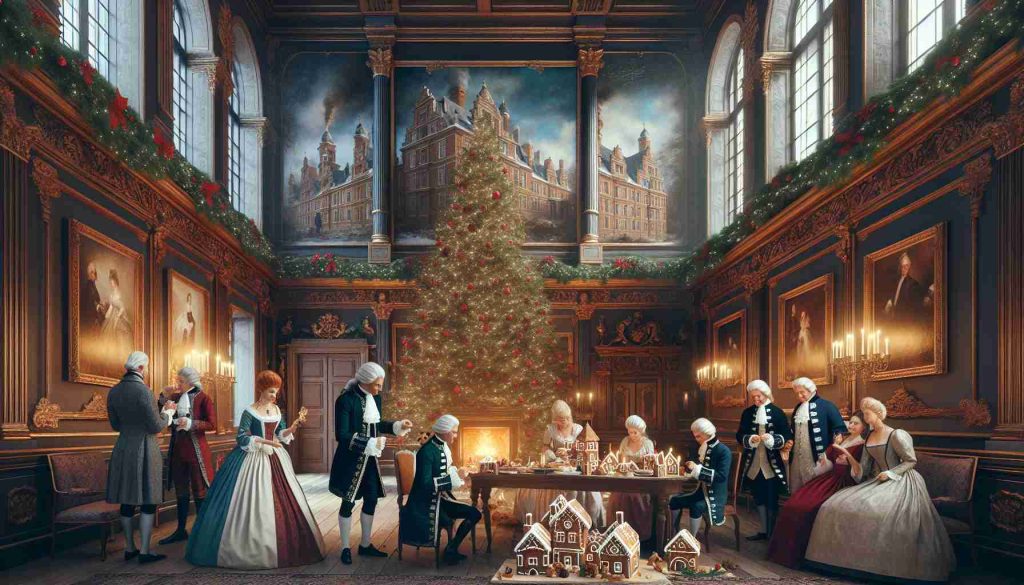 Create a photorealistic HD image that showcases an unexpected holiday tradition. It should be set in an opulent historical castle, with members resembling the general public who would typically be perceived as regal figures, dressed in formal finery and engaging in the activity. They could be doing something unconventional for individuals of their stature, like making gingerbread houses or participating in a gift exchange. The atmosphere should be festive with a large, richly decorated Christmas tree and a roaring fireplace. Everyone should seem joyous and excited, highlighting the spirit of the holiday season.