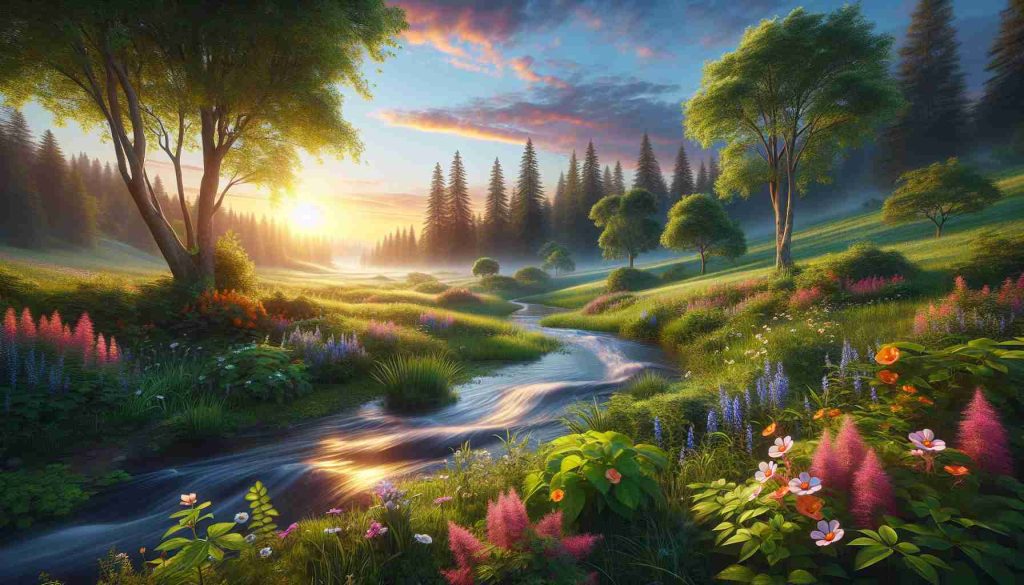 Realistic HD photo of a serene and peaceful landscape during sunrise with lush green fields, blooming flowers, a flowing stream of water, tall trees, and a clear blue sky with a hint of orange and pink hues