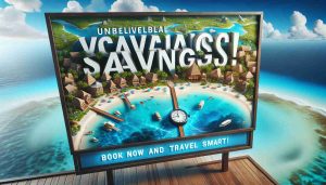 A high definition, realistic image that depicts the concept of travel savings. The main focus of the image is a bright, enticing display of a tropical beach, with white sands and crystal blue waters, that symbolizes an appealing vacation destination. In the upper third of the image, some impactful text reading 'Unbelievable Vacation Savings Are Here!' could be written in bold, cheerful letters. Somewhere in the lower section of the image, a secondary line saying 'Book Now and Travel Smart!' stands in the form of an inviting call to action.