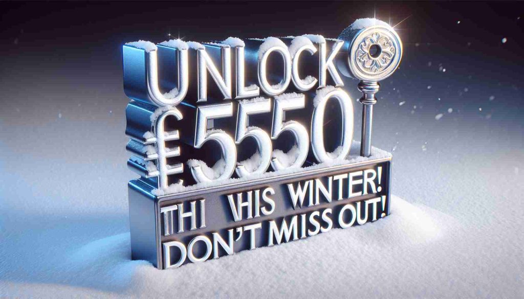 Realistic, high-definition picture of a shining metal key standing upright in snow, with stylized text alongside stating, 'Unlock an Extra £550 This Winter! Don’t Miss Out!'. The text and the overall image should radiate a wintery and enticing feeling.