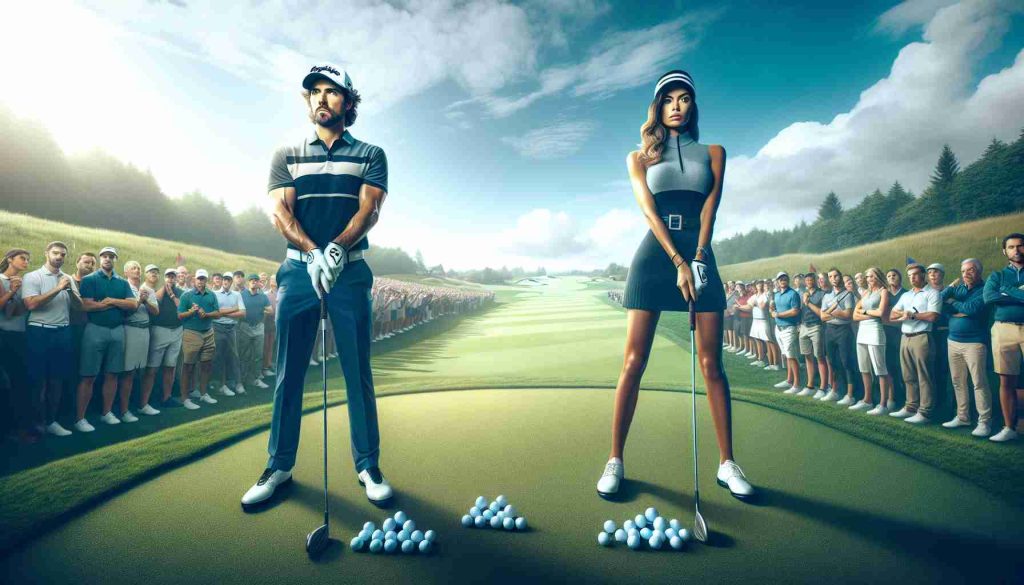 Generate a realistic, high-definition image of an exciting golf showdown about to take place. Picture a serene golf course under a bright blue sky. On the lush green grass, two golfers of different descents, one being Hispanic male and the other being a Caucasian female, are poised for their match. Both are wearing stylish golf attire, their expressions focused and competitive. A large crowd cheerfully waits in anticipation. The suspense is palpable, and the environment indicates a major event. Everybody is waiting eagerly for the epic showdown to commence. Are you ready for this?