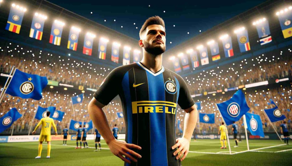 A high definition, realistic image representing a crucial decision in soccer: a player with an Inter jersey, presumably Dimarco, standing confidently with a determined expression, signifying his decision to reject the advances of an emblematic football club from the Premier League. The scene takes place in a modern football stadium filled with spectators. Bright floodlights illuminate the pitch and the vibrant colors of the spectators are visible in the background. Flags of the Inter club are waving, signifying the support and loyalty of the fans, while pennants bearing the insignia of unnamed Premier League teams hint at the context of the decision.