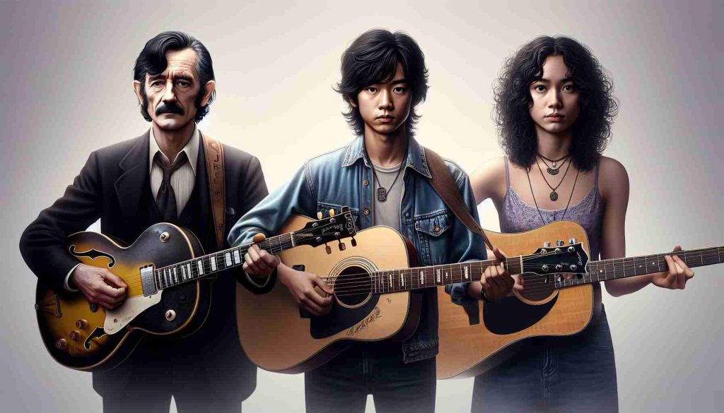 Create a realistic HD image featuring three anonymous guitar players of different skill levels who have played a significant role in the journey of an influential British rock guitarist. One guitarist should be an older Caucasian man with black hair, sideburns, and a Gibson Les Paul guitar, symbolizing the early influence. Another should be a young Asian prodigy with long hair and a Fender Telecaster, representing the middle stage. The third should be a Hispanic woman with curly dark hair, playing an acoustic guitar, symbolizing the later stage.