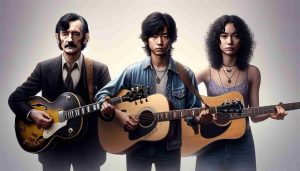 Create a realistic HD image featuring three anonymous guitar players of different skill levels who have played a significant role in the journey of an influential British rock guitarist. One guitarist should be an older Caucasian man with black hair, sideburns, and a Gibson Les Paul guitar, symbolizing the early influence. Another should be a young Asian prodigy with long hair and a Fender Telecaster, representing the middle stage. The third should be a Hispanic woman with curly dark hair, playing an acoustic guitar, symbolizing the later stage.