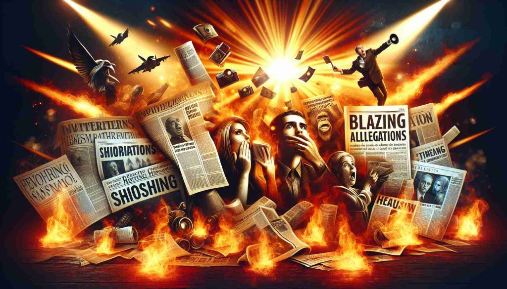 An illustrative, high-definition image capturing the essence of shocking revelations and blazing allegations. Include elements such as a newspaper headline, dramatic lighting, and imagery to represent surprise and controversy, against a fiery background that symbolizes the heat and intensity of the situation.