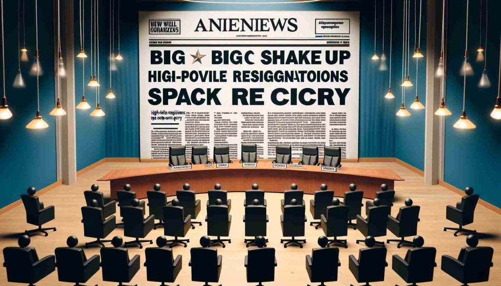 Generate a realistic HD image depicting a metaphorical scene of a big shakeup at a generic animal welfare organization. Incorporate symbols such as vacant chairs in a meeting room and a headline on a section of the newspaper reading 'High-Profile Resignations Spark Outcry'. The scene aims to visually convey dramatic organizational changes and ensuing public reactions.