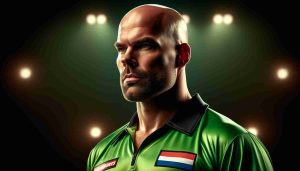 Realistic HD photo of a professional male Dutch darts player, characterized by his robust physique, bald head, and vibrant green attire, radiating determination and anticipation as he prepares for more victories.