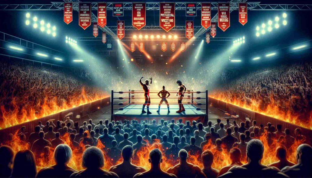 Generate an HD image featuring a classic professional wrestling event. In this intense night of competition, the atmosphere is electric as rivalries flame up inside the wrestling ring. The background is filled with bright lights, roaring fans, and banners soaring high. Professional wrestling champions are poised, ready for the challenges that lie ahead.