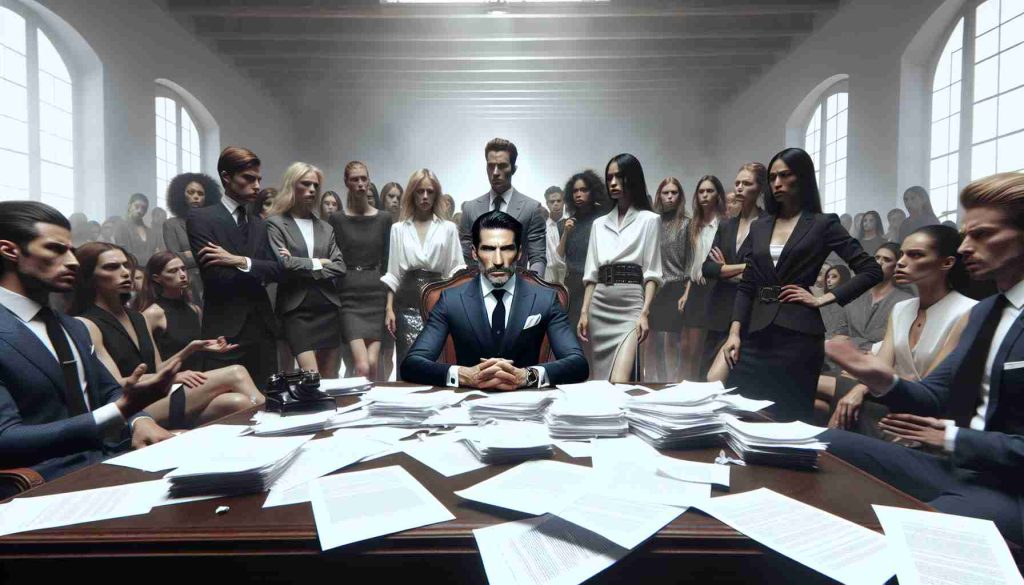 A realistic, high-definition image portraying a tense moment in a fashion workplace. Conceptualize stress and tension in the room. Paper documents are scattered on a grand desk, suggestive of shocking allegations. A serious-looking fashion entrepreneur, a middle-aged Hispanic man in fashionable business attire, is in the spotlight. He's visibly under fire, surrounded by concerned employees of various genders and descents. Note: No actual fire is involved in this scenario, 'under fire' here means facing criticism or scrutiny.