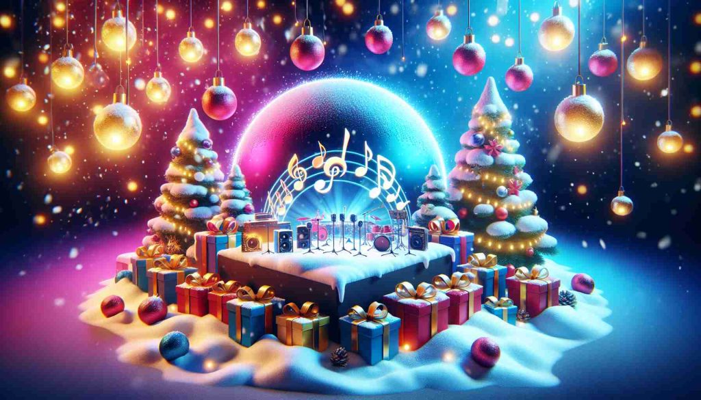 Create a vibrant and festive image which denotes a popular music group are back on top! The scenery should be filled with Christmas vibes: twinkling lights, freshly fallen snow, and presents. Make sure to have symbols representing music like musical notes, records or a stage, to imply the musical group's success. High resolution and realistic style is desired.