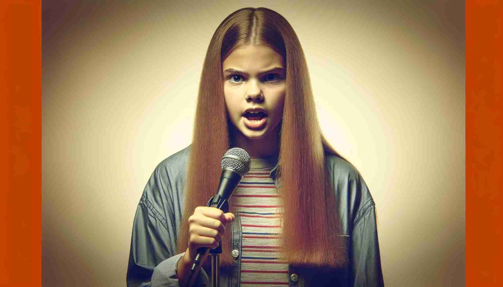 A vivid, high-definition image conveying dramatic tension: an agitated young teenage girl, of Caucasian descent, with long straight blond hair, addresses a crowd. She stands against a neutral backdrop, microphone in hand, vehemently denying allegations of dishonesty within an unspecified context. Please emphasize the emotion in her facial expressions and body language to create a sense of unfolding drama.