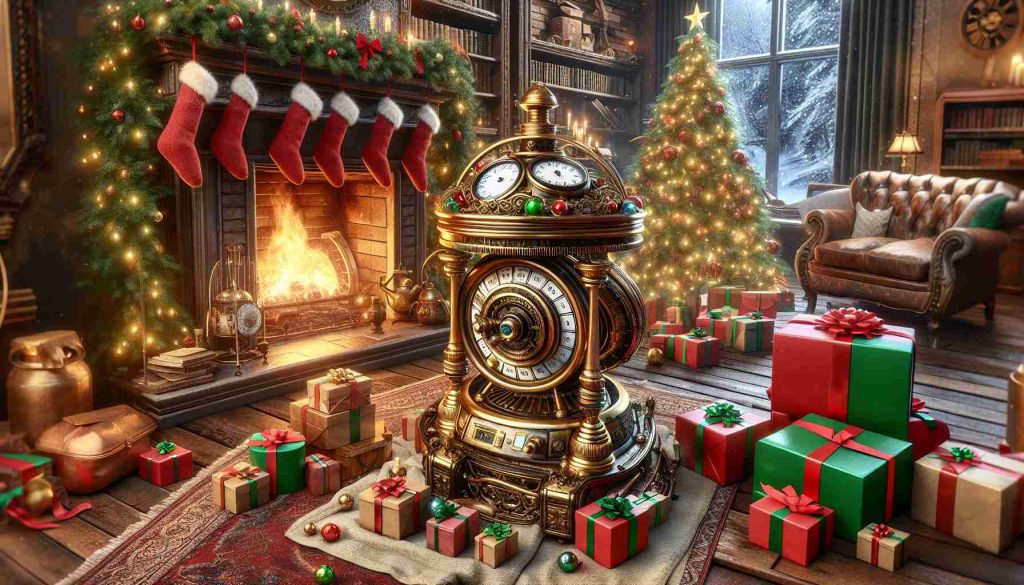 An HD, highly detailed scene portraying the fantastical merger of time travel and holiday cheer. Picture a traditional, idyllic Christmas setting with a cozy warm hearth, a beautifully decorated tree, and carefully wrapped gifts stacked underneath. In the middle of this scene, place a vintage brass time-travel device, akin to those found in classic sci-fi novels. The time travel machine influences the scene around it, showing different epochs of Christmas - medieval, Victorian, and futuristic celebrations - all overlapped and co-existing in the same space, resulting in an incredibly festive, heartwarming yet surreal scene.