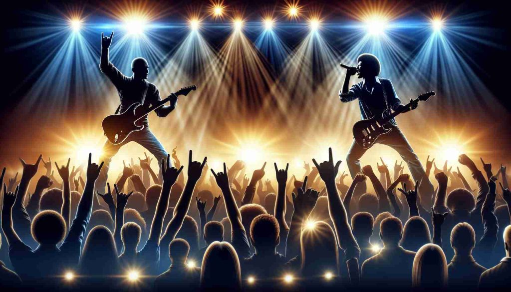 A high-definition, hyper-realistic illustration of a thrilling concert night. Two music legends - depicted as silhouettes wielding guitars, both showcasing their unique styles and energy. Behind them, a crowd of diverse people is depicted in ecstatic celebration, their hands raised in the air, lights sparkling around. The scene is electrified by stunning stage lights, the atmosphere filled with anticipation and joy for an unforgettable music event of a lifetime.