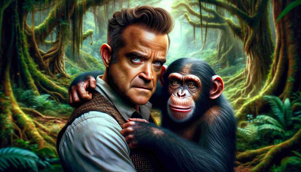 An incredibly detailed and realistic HD depiction of an intense adventure movie scene. The central character, an anonymous British pop-star, who bears a striking physical resemblance to Robbie Williams, is shown sharing a twist-filled adventure with a playful chimpanzee. They are in an exotic rainforest, full of towering trees and vibrant flora. The facial expressions of the pop-star and the chimpanzee reflect deep camaraderie and imply an engaging narrative. Use saturated colors and sharp details to enhance the HD quality.