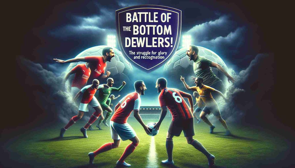 Generate a high definition realistic image of a symbolic football match, namely 'Battle of the Bottom Dwellers'. Focus on showcasing two bottom-tier football teams expressing all their might and passion on the field, representing the two teams without the logos. Include the title 'Battle of the Bottom Dwellers! The Struggle for Glory and Recognition' on top of the image