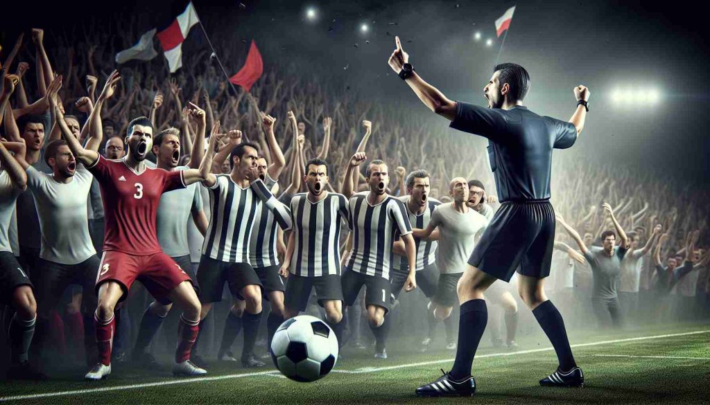 A high-definition realistic photograph of an intense football match. In the pivotal moment of the game, a referee makes a controversial penalty call that sparks intense reactions from the players and spectators alike. Emotions run high as debates about fairness in the game ensue, dramatically shaking the outcome of the match.