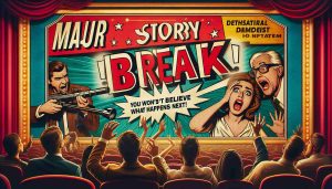 Create an HD image showcasing the theatrical drama of a shocking news update. Capture the intensity of a major story breaking as highlighted by bold headlines, captivating lines like 'Major Story Breaks!' and the alluring statement, 'You Won't Believe What Happens Next!'