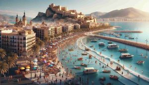 A realistic, high-definition image showing the thriving tourism scene in Alicante, Spain in the year 2024. The beaches are crowded with people enjoying the sun, sightseeing boats dot the azure Mediterranean waters, and the historic Castle of Santa Bárbara atop Mount Benacantil is a beacon for visitors from around the world. The city's bustling outdoor markets are filled with a diverse array of goods and produce, and the beautifully preserved old town area radiates cultural charm. Street performers and musicians add vibrant beats to the bustling city vibe, contributing to an atmosphere of joy and excitement.