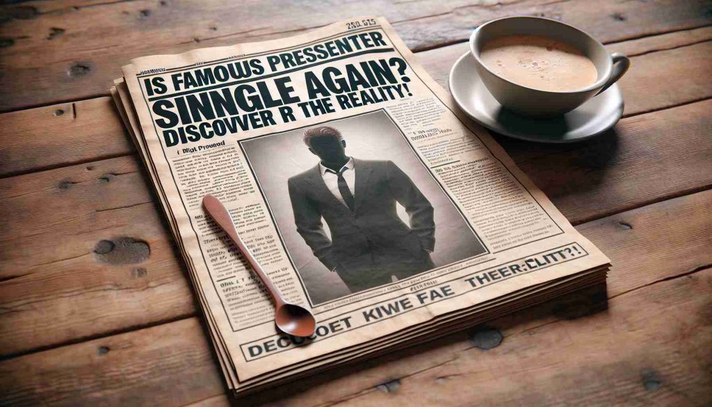 Highly detailed realistic image showing a tabloid style news article with the headline: 'Is Famous TV Presenter Single Again? Discover the Reality!' The article is displayed on a wood table, next to a cup of coffee. The paper has two columns with the left one containing the headline and the right column containing an anonymous silhouette of a man in a suit. The article is left unread, inviting viewers to craft their own narrative.