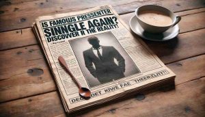 Highly detailed realistic image showing a tabloid style news article with the headline: 'Is Famous TV Presenter Single Again? Discover the Reality!' The article is displayed on a wood table, next to a cup of coffee. The paper has two columns with the left one containing the headline and the right column containing an anonymous silhouette of a man in a suit. The article is left unread, inviting viewers to craft their own narrative.