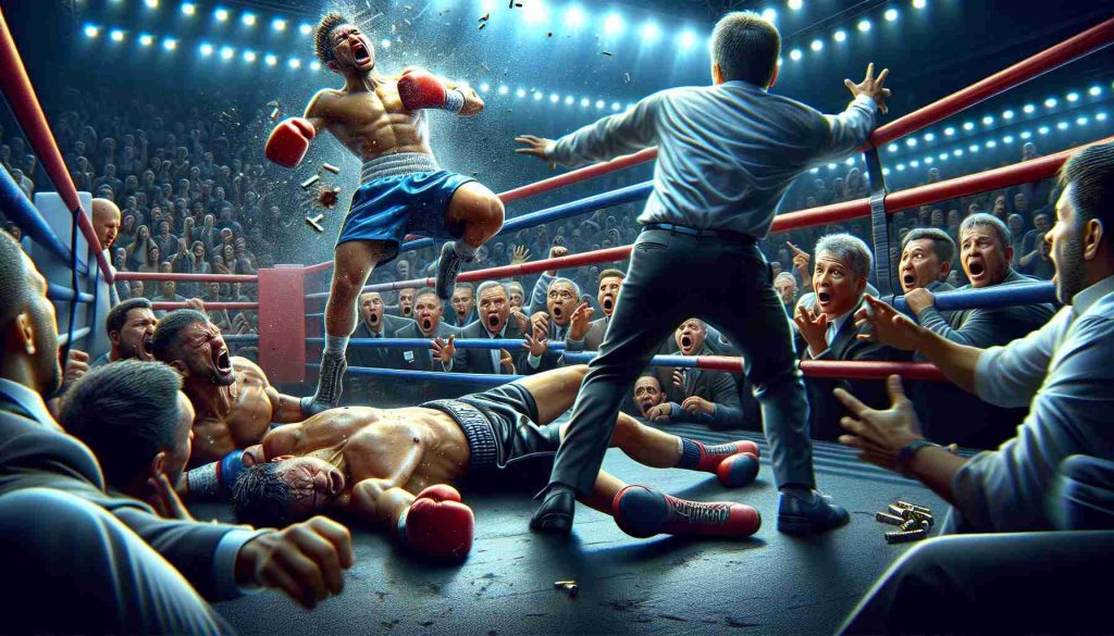 Realistic HD image depicting a highly unexpected knockout happening during a boxing match. In this intensely dynamic scene, a professional boxer of South Asian descent lands a powerful blow against his opponent, a Middle-Eastern boxer, shocking everyone present. The crowd all around the boxing ring react with disbelief as the referee steps in to count the fallen boxer. The fighters' gloves, sweat, the neon lights above the boxing ring, and the surprised expressions of the fans all contribute to the tense, electrifying atmosphere of this unexpected turn of events.