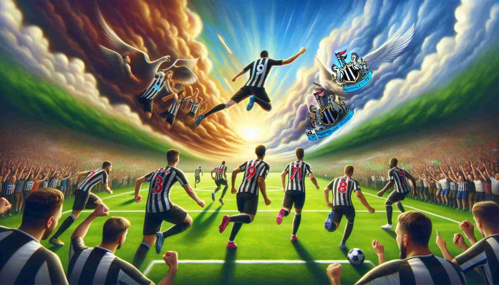 A detailed scene depicting a metaphorical representation of the soccer team Newcastle United turning their season around. This might include intense action on a vibrant, green soccer field with players in black and white kits representing Newcastle United showing determination and skill. The atmosphere should communicate excitement, with cheering fans in the stands. The sky above is painted with bright, promising colors symbolizing positive change and the potential for a successful season.