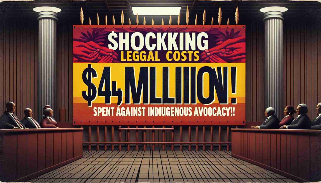 Create a high-definition, realistic image displaying a banner headline reading 'Shocking Legal Costs: $14.5 Million Spent Against Indigenous Advocacy!'. The banner should feature colors conveying urgency and concern, positioned atop a background image suggestive of a courtroom scene. Texture and depth should be present to signal the seriousness of the expenditure.