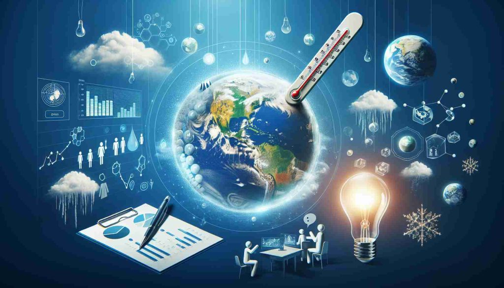 Create a high-definition, realistic image illustrating the concept of 'New Findings Show Surprising Trends in Climate Change Awareness'. This could include visuals that depict the planet Earth, indicators of climate change like melting ice caps, thermometer denoting rising temperatures, as well as symbols of awareness and understanding like people discussing or studying data charts, light bulb to symbolise new ideas or realisation. Ensure all visuals are interconnected in a way that signifies a trend.