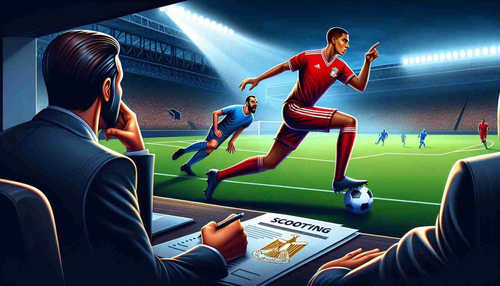 Create an HD illustration showcasing a sports scenario where a professional football club from Liverpool is scouting for a young promising footballer who exhibits qualities similar to a renowned Egyptian striker. The scene should encapsulate the anticipation, excitement, and intensity of this search.