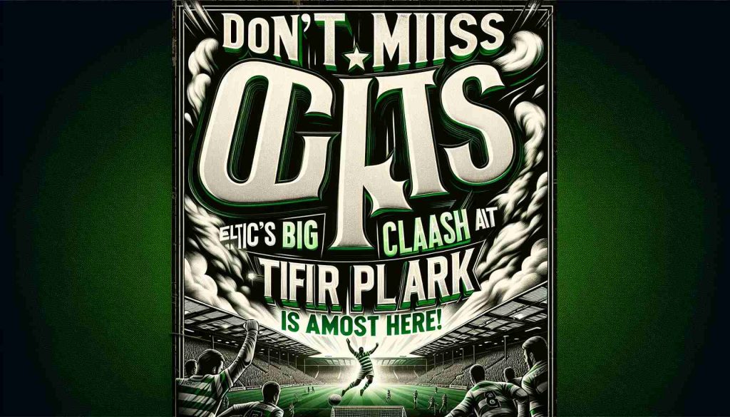 Detailed, realistic, high-definition image of an exciting advertisement for an upcoming intense soccer match. The advertisement shows 'Don't Miss This! Celtic's Big Clash at Fir Park is Almost Here!' with dramatic fonts and a background representing the high energy and anticipation of the game. The color scheme is predominantly green and white, hinting at the team color of Celtic.