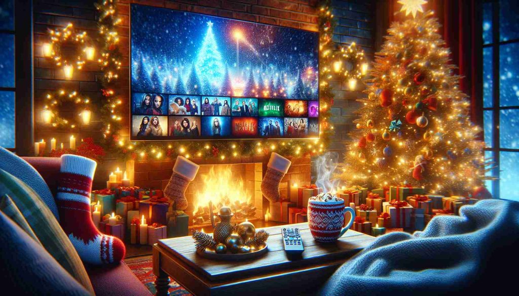 Create a high-definition, realistic image depicting the concept of celebrating Christmas Eve with must-watch TV shows. The scene should include a warm, cozy living room decorated for the holidays, with a television displaying a colorful montage of various popular genres of shows. There should be a beautifully decorated Christmas tree with shimmering lights nearby, creating a cheerful ambience. Add details that evoke the anticipation and excitement of Christmas Eve, such as wrapped presents under the tree, a steaming mug of hot cocoa on a side table, and a comfy blanket draped over the couch.