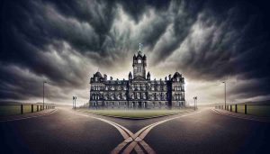 Visual representation of the concept: A governmental institution in Scotland faces difficult choices. Show a symbolic image of the institution represented by an ancient, stone government building in Edinburgh, Scotland, under looming stormy skies, with a forked road leading up to it, indicating the tough decisions that lie ahead.