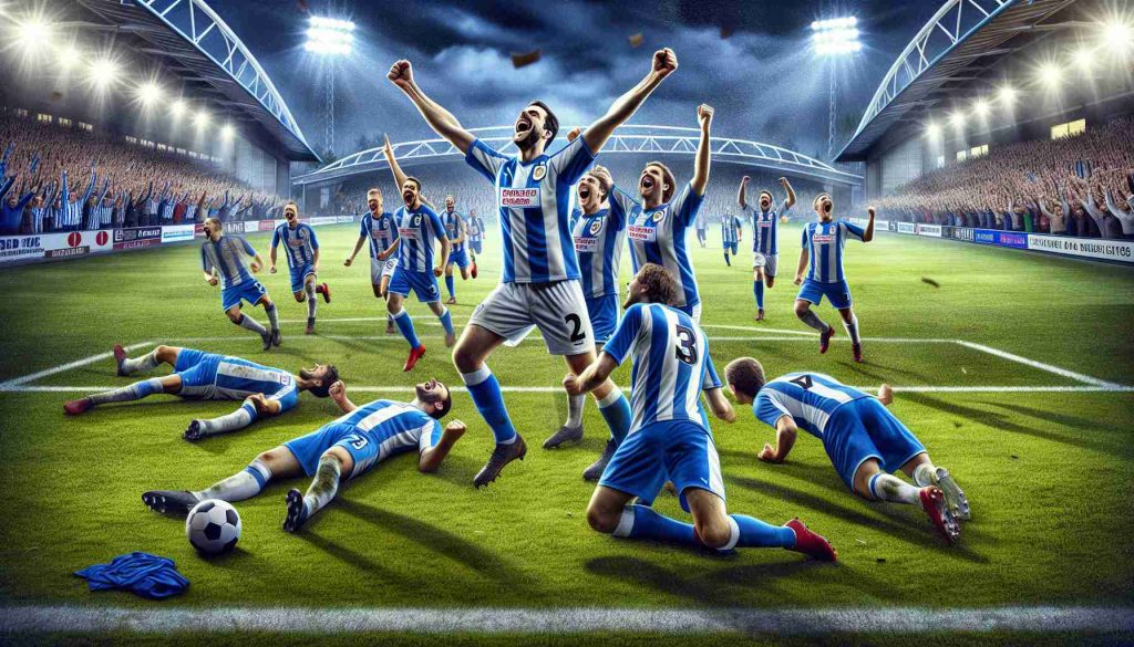 Create a highly detailed, realistic image capturing the victorious essence of a lower league football team, known as Huddersfield Town, in the midst of an astonishing winning streak. Show ecstatic players, wearing blue and white uniforms, rejoicing on a well-maintained football pitch. The crowd is delirious with joy as their underdog team continues to overcome all odds. Display bright floodlights illuminating the scene with a scoreboard in the background confirming the latest win.