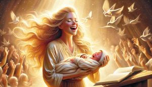 Realistic HD image of an enchanting scene where a female singer, with flowing blonde honey hued hair, joyously welcomes a newborn, metaphorically referred to as 'Baby Bear', with open arms. The image is filled with raw emotion, showing pure love and radiating comforting warmth like a heartwarming news of a new arrival.